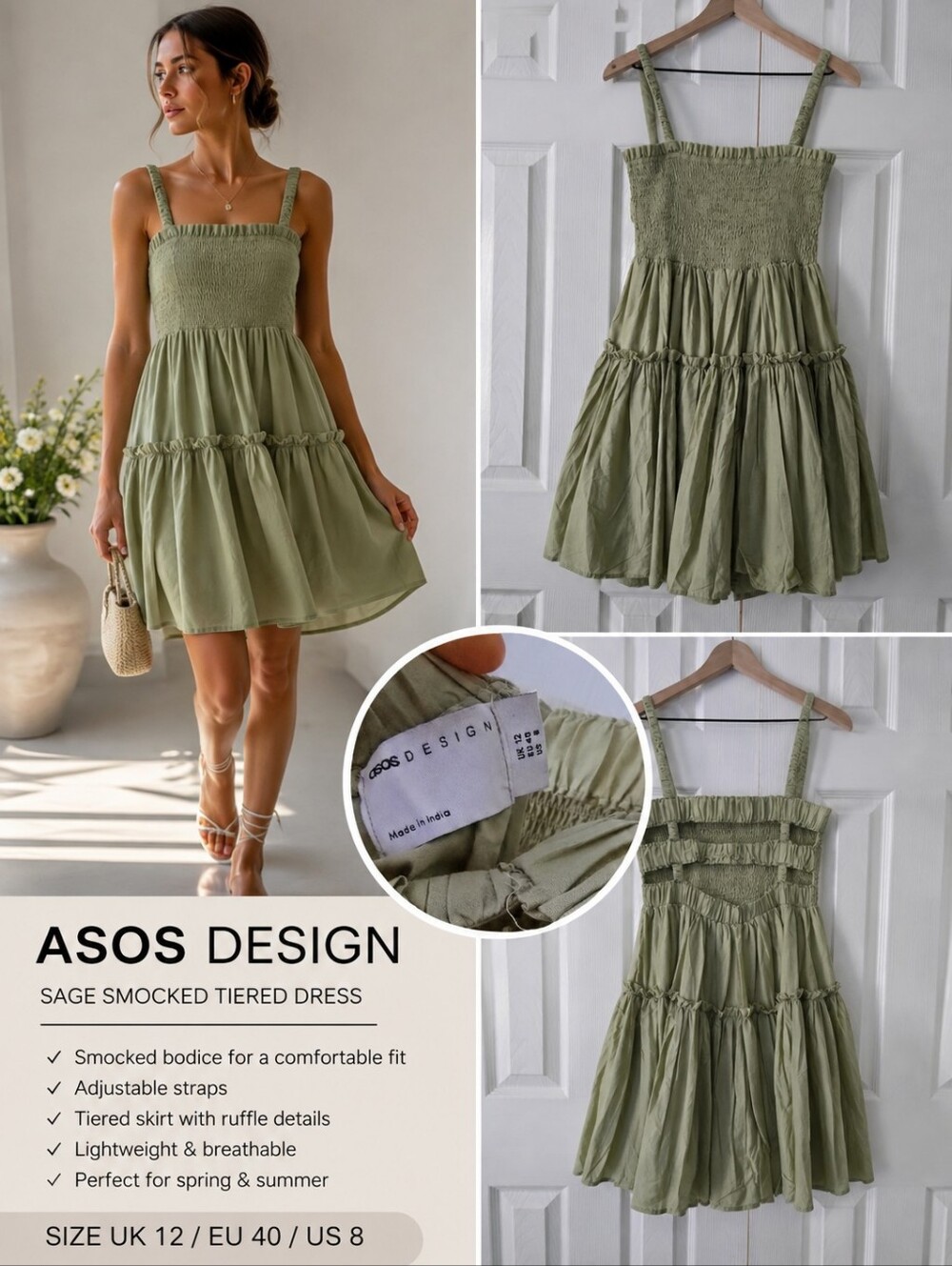 ASOS Olive-Green Smocked Tiered Sundress